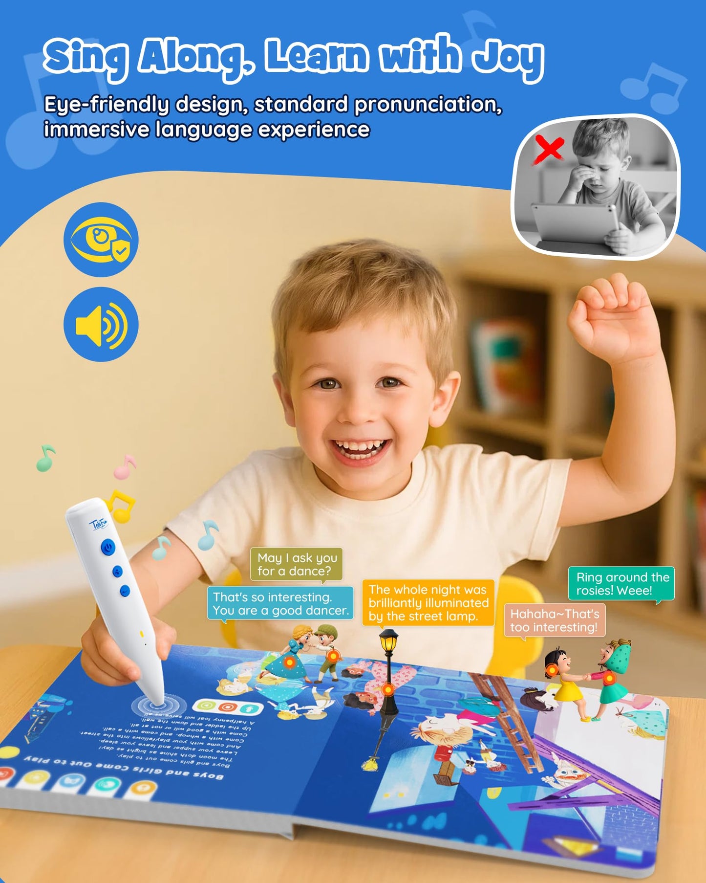 TEKFUN Nursery Rhymes Musical Books with Talking Pen, Interactive Sound Books for Toddlers 1-3, Autism Sensory Educational Toys for Kids Ages 3-6