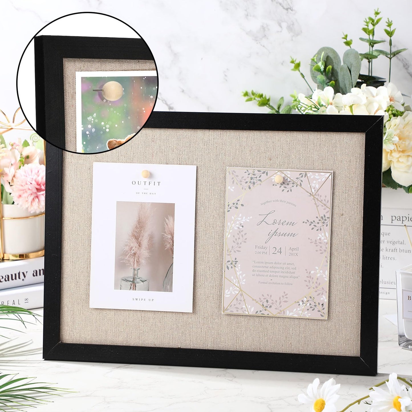 Teling 6 Pack Wood Bulletin Boards with Linen 12''x 16'' Cork Board for Walls with 60 Pushpin Decorative Wood Framed Display for Classroom School Office Bedroom (Black)