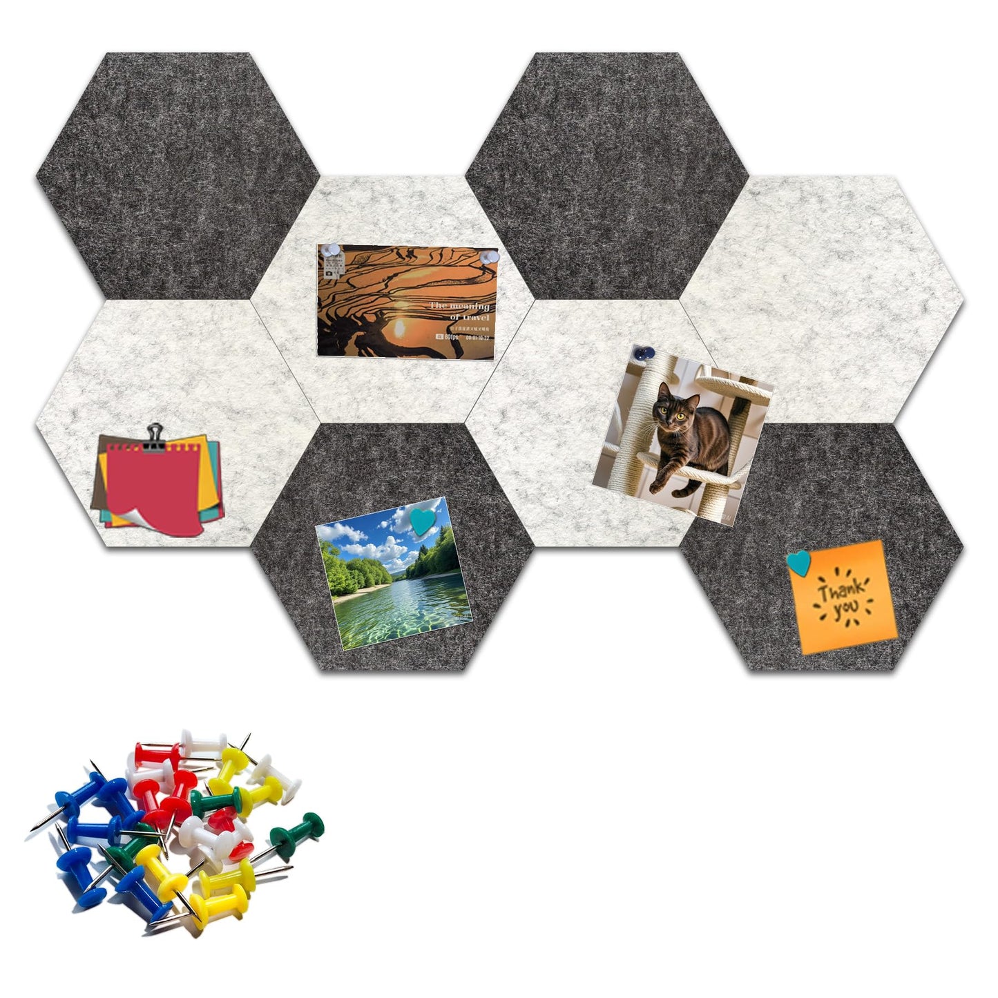 Hexagon Felt Bulletin Board Tiles, 8 Pcs, 8.7 x 7.5 inches, with 20 Pushpins, for Easy Display of Photos Pictures Memos Notices, Felt Wall Tiles for Office Home Classroom (Gray)