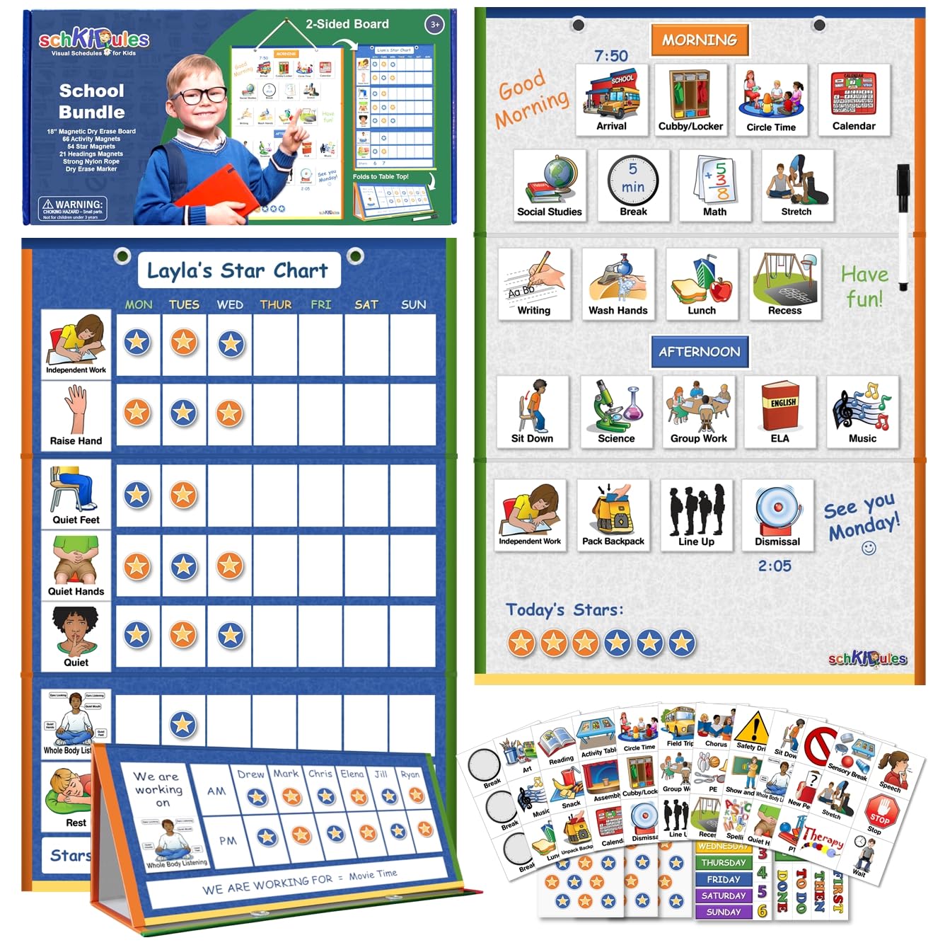 SchKIDules Magnetic Visual Schedule & Progress Chart for School; 2-Sided 18” Folding Board Plus 141 Magnets for Daily Routines, Positive Behavioral Supports, Special Ed, Preschool, ADHD & Autism