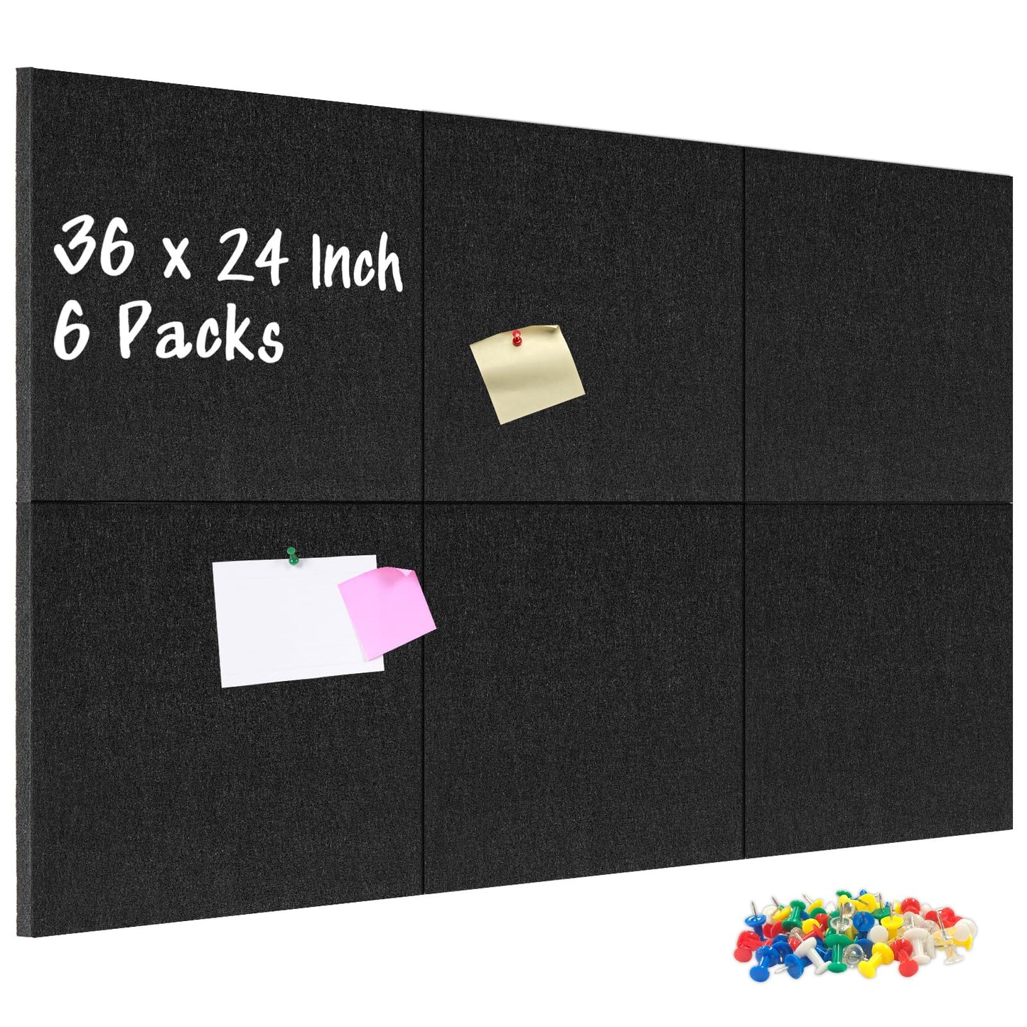 DOLLAR BOSS Felt Cork Board Tiles, 6 Packs 12" x 12" 1/2" Thick Cork Bulletin Board Self Adhesive Acoustic Panels Soundproof Corkboards for Walls with 60 Pushpins for Home Office Kitchen School, Black
