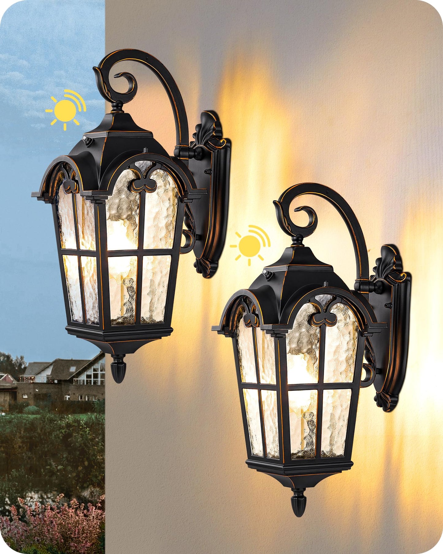 EDISHINE Outdoor Wall Light, Dusk to Dawn, Waterproof, Black, E26 Base, 2 Pack, Roman Large Size, Aluminum