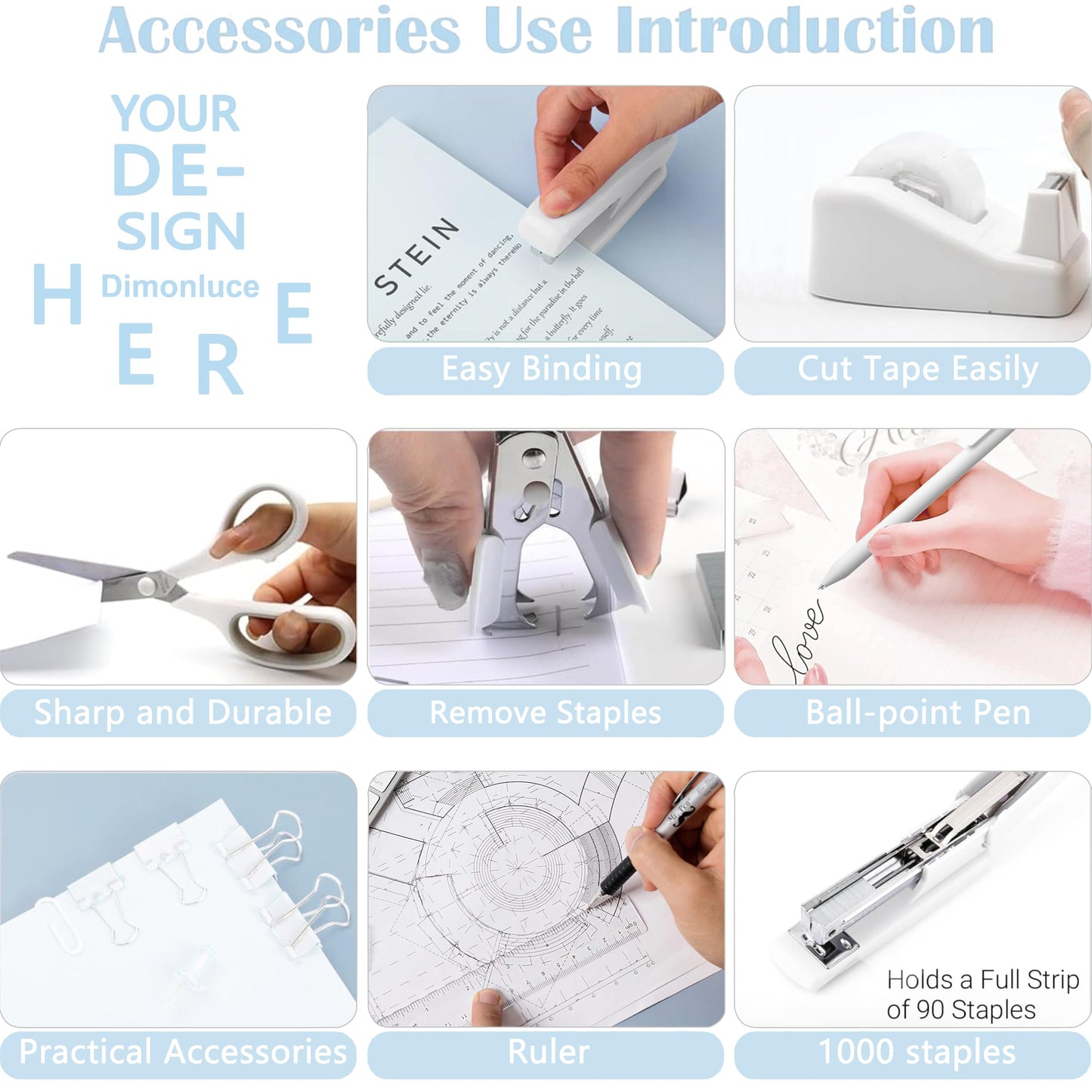 Dimonluce Office Desk Accessories, White Office Supplies Accessories with Tape Dispenser, Stapler, Staple Remover, 1000 Staples, Tape, Clips Set, Ruler, Scissor, Pen