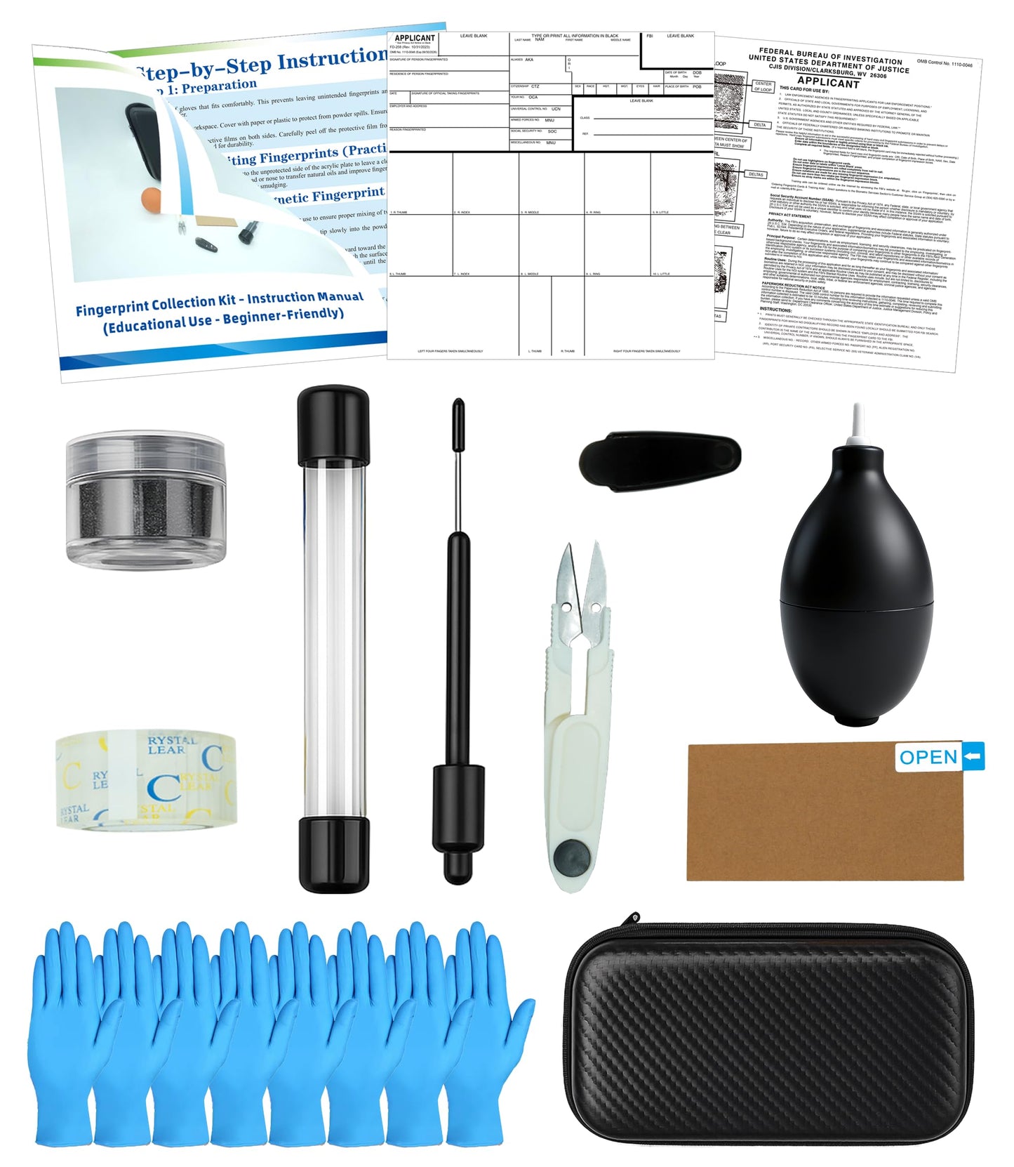 TillBio Latent Fingerprint Kit 13-Piece Set, Magnetic Two-Tone Powder, Magnetic Brush, Fingerprint Cards & More for Classroom and Forensic Science Education (13-in-1 Set)