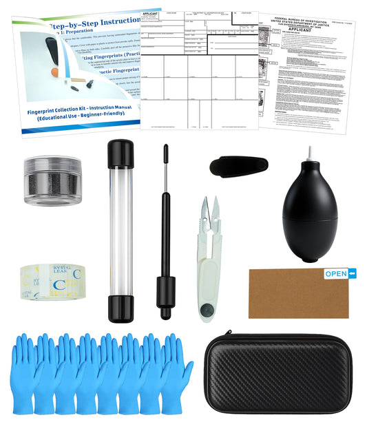 TillBio Latent Fingerprint Kit 13-Piece Set, Magnetic Two-Tone Powder, Magnetic Brush, Fingerprint Cards & More for Classroom and Forensic Science Education (13-in-1 Set)