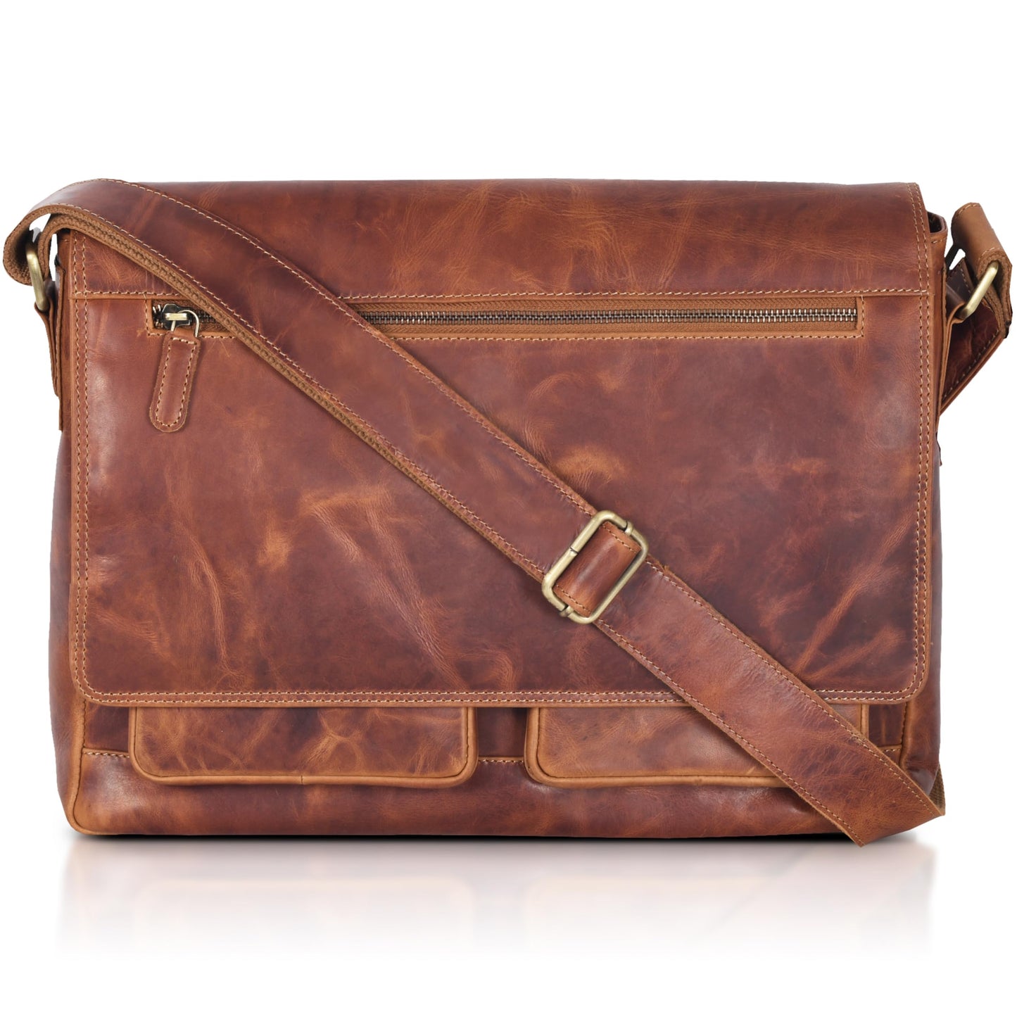 VALENCHI 15" Full Grain Leather Laptop Messenger Bag For Men & Women - Padded 15.3" Laptop Compartment, Ample Storage & Pockets, Premium Natural Leather (Cognac Vintage)