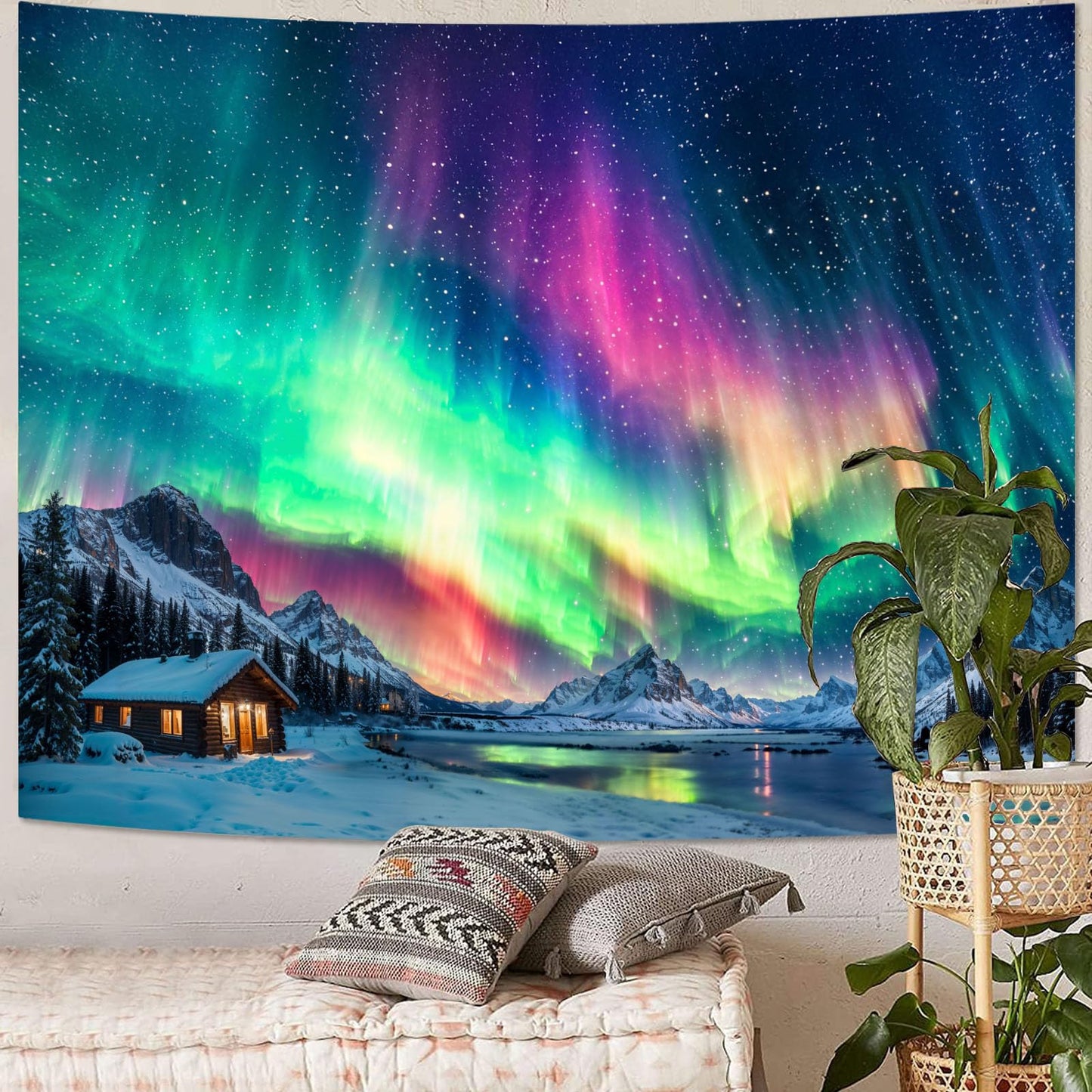Spenlife Winter Aurora Borealis Cabin Tapestry, Scenic Northern Lights Mountain Wall Hanging for Cozy Bedroom Living Room Decor, 60x44 Inch