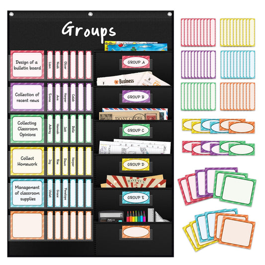 AKAYOK Small Group Pocket Chart with 84 Colorful Dry Erase Cards, Classroom Jobs Chart with 6 Pocket Wall Hanging File Folder, Pocket Chart for Classroom,Office,Home, Small Group Classroom Must Haves