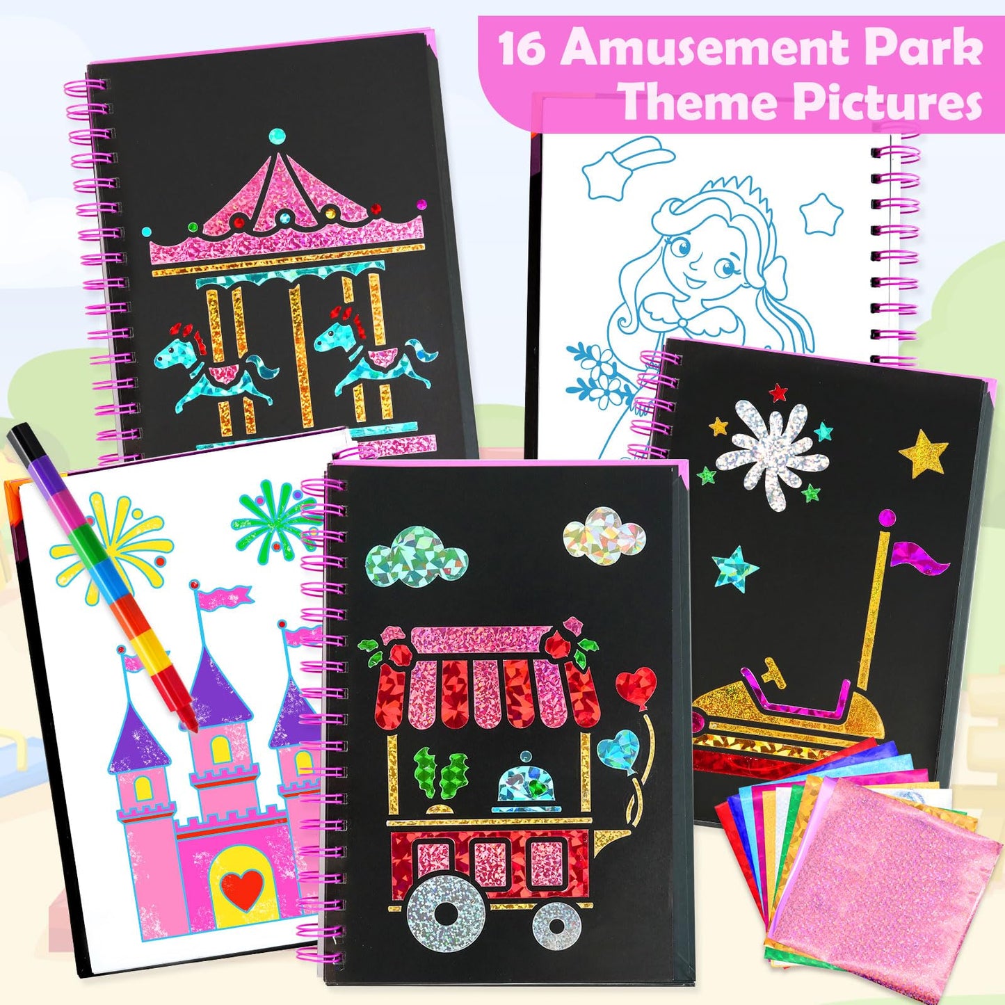 FUNNYB&G Foil Art Craft Kit for Girls 4-10 Years Old: Mess-Free & No-Glue, Create 16 Sparkly Amusement Park Pictures – Perfect Travel Toy & Birthday Gift for Kids （Amusement Park）