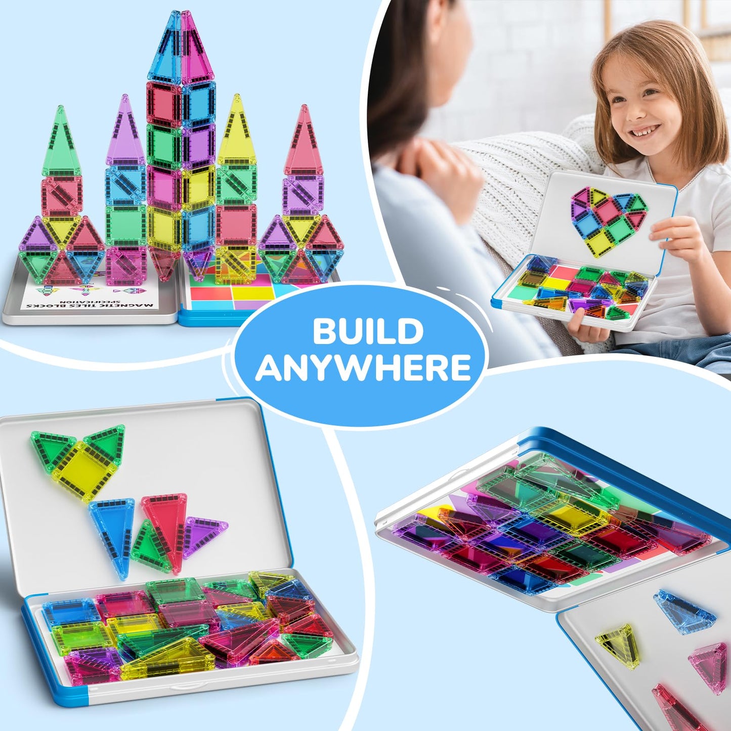 MEIQ 42PCS Mini Magnetic Tiles Travel Set with Iron Storage Box - Portable STEM Building Blocks for Kids 3-8, Montessori Educational Magnet Toys for Airplane, Car Rides & On-The-Go Play