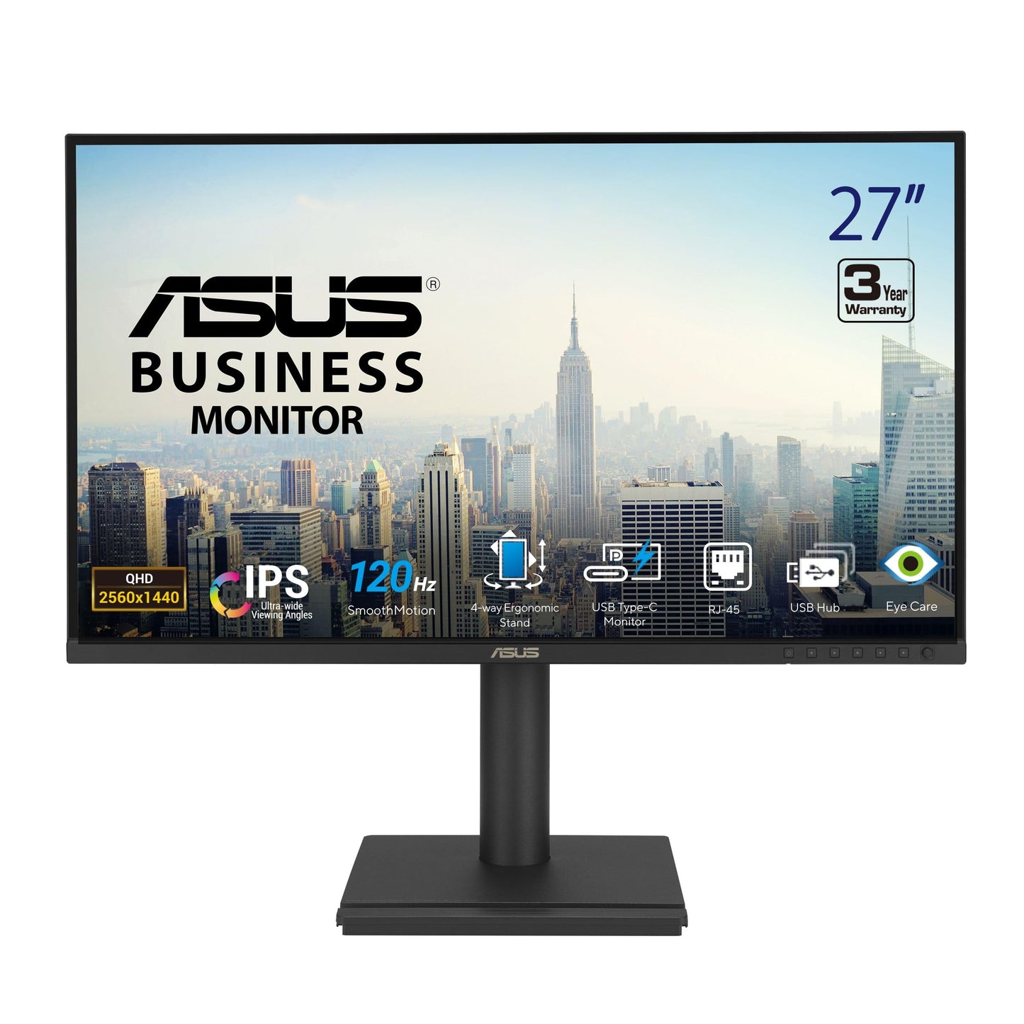 ASUS 27” 1440P USB-C RJ45 Docking Monitor (BE27ACGN) – QHD (2560x1440), IPS, 120Hz, Frameless, Speakers, Height Adjustable, DisplayPort Daisy-Chain, Power Sync, Eye Care, 3 yr Warranty
