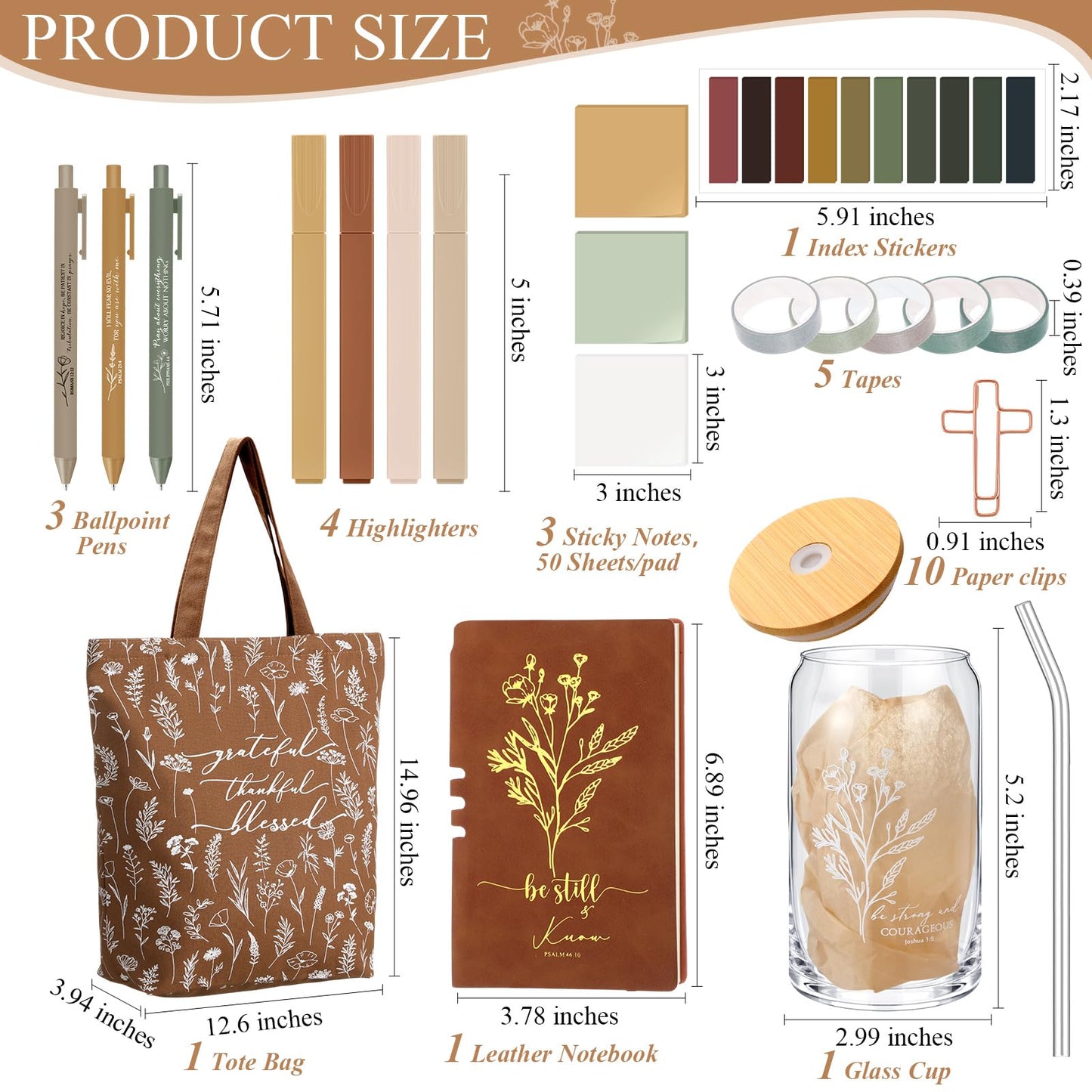 Singhoow 29 Pcs Bible Journaling Supplies Kit 16 oz Glass Cup Canvas Bag Leather Notebook Highlighters Pens Sticky Note Tapes Bible Study Supplies for Women Fathers Sunday School Teacher(Boho, Brown)