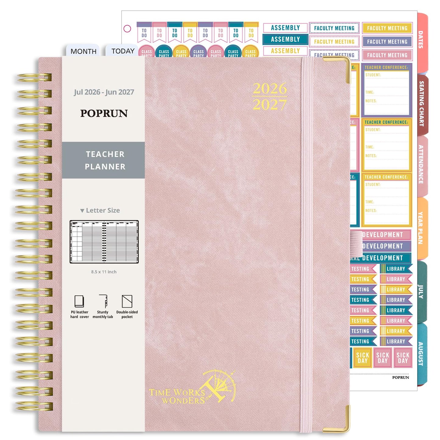 POPRUN Teacher Planner 2026-2027 Academic Year, Large Size 8.5"x 11", Monthly and Weekly Calendar, July 2026 - June 2027, Plan book with Hardcover, Spiral Bound, School Supplies for Classroom - Pink