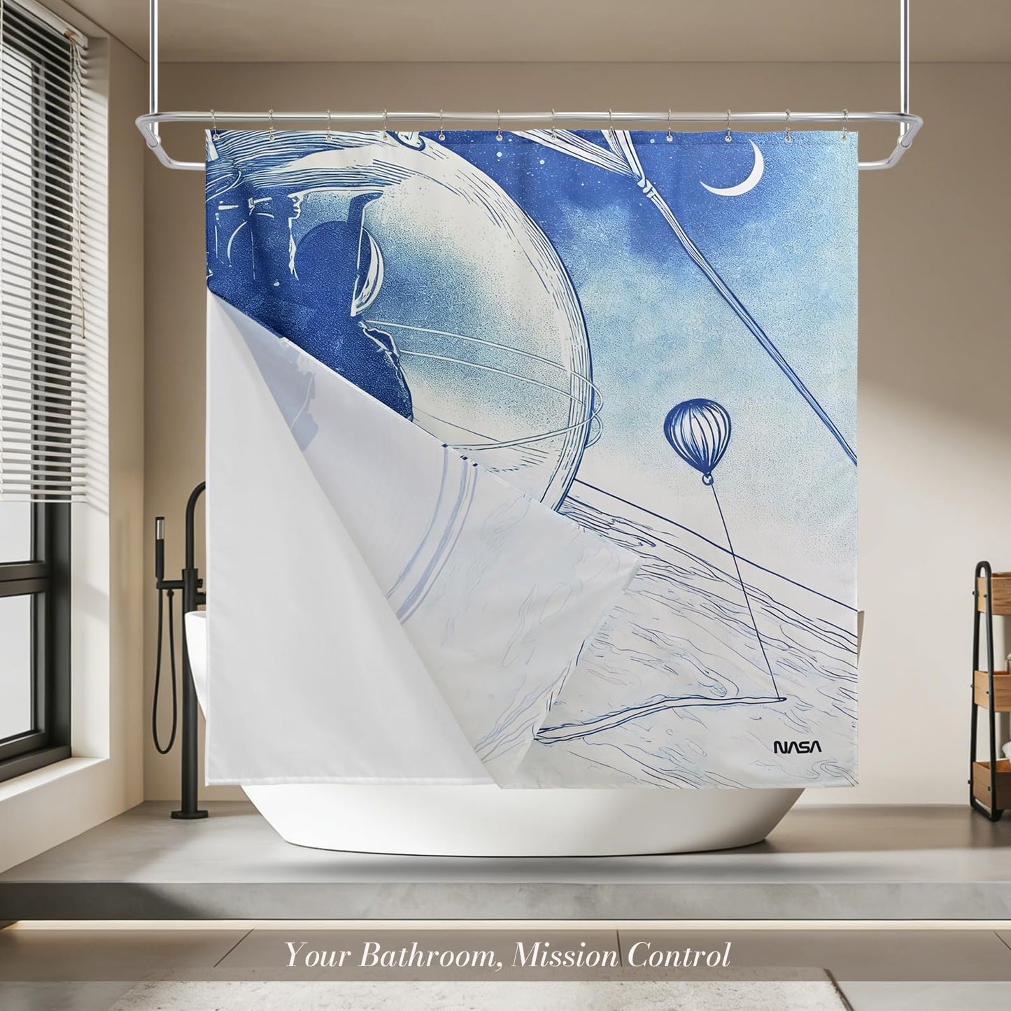 DRIFTED ROOT NASA Licensed Shower Curtain Set, Orbit Rings Galaxy and Spacecraft Design, Space Poster Art, Oxford Cloth, Bathroom Hotel Decor (Orbit of Dreams-White/Blue, 72" W x 72" L (Pack of 1))