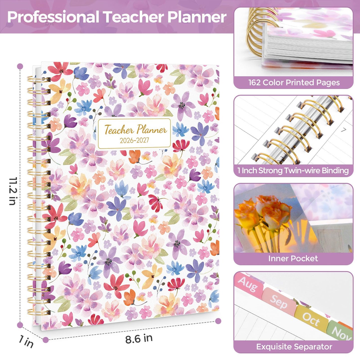 SKYDUE Teacher Planner 2026-2027 Academic Year, 8.5" x 11" Lesson Plan Book, July 2026-June 2027, 162 Pages, Monthly Tabs, Stickers, Weekly Lesson Planning, Student Tracking & Classroom Organization, Floral