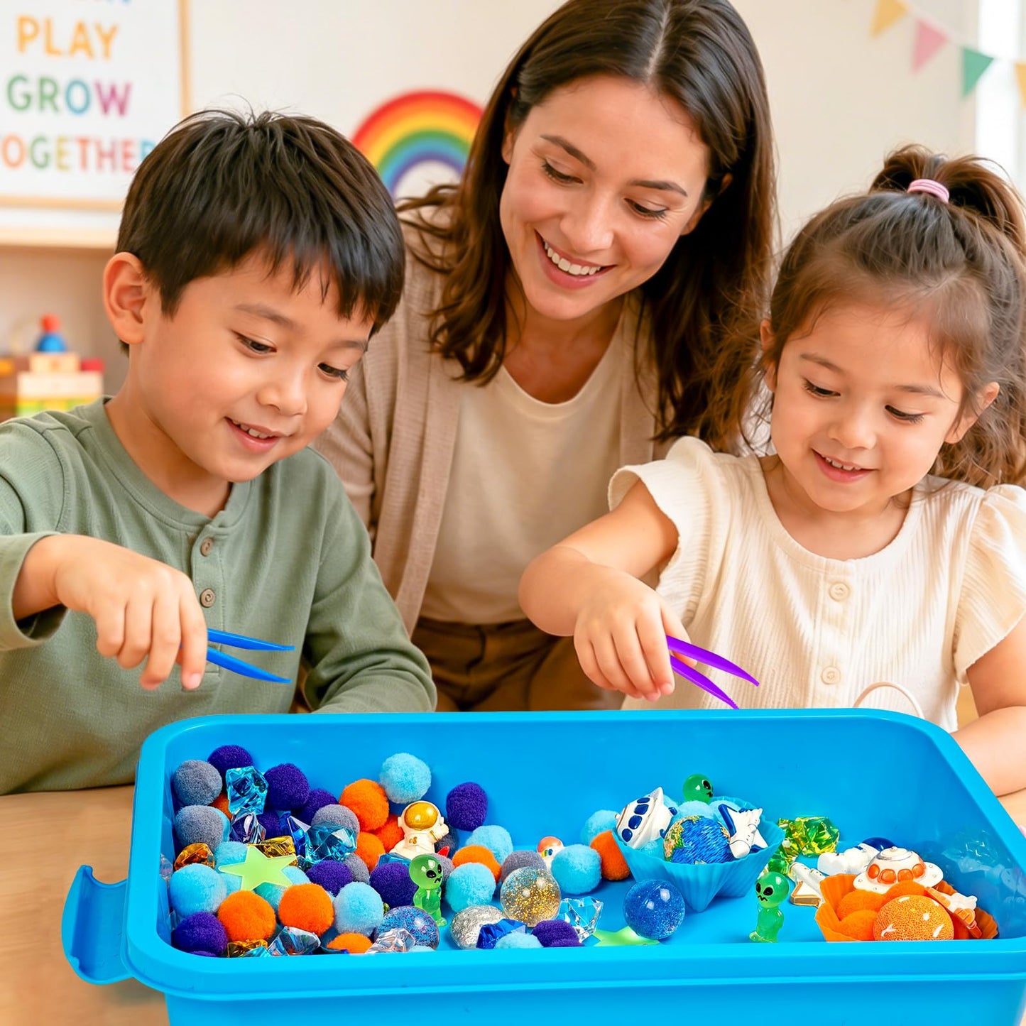 Cinrobiye 206 Pcs Outer Space Sensory Bin Fillers Set with Storage Box, Rocket Spaceship Astronaut Galaxy Accessories, Space Theme Activity Materials for Picnic Sensory Bins, Classroom Home Projects