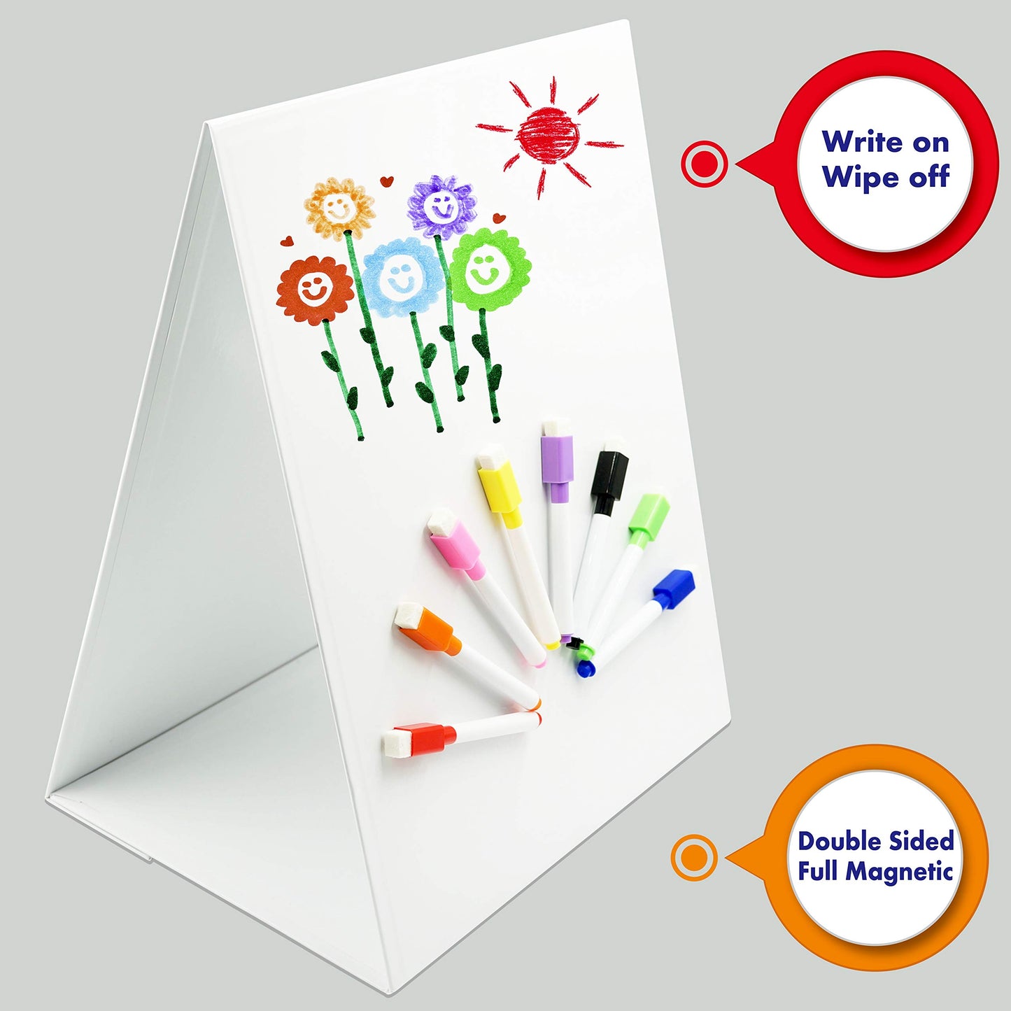 Magnetic Tabletop Desktop Easel &Whiteboard with Bonus 8X Dry Erase Markers. Double Sided and Self-Standing (16” X 12.5”)
