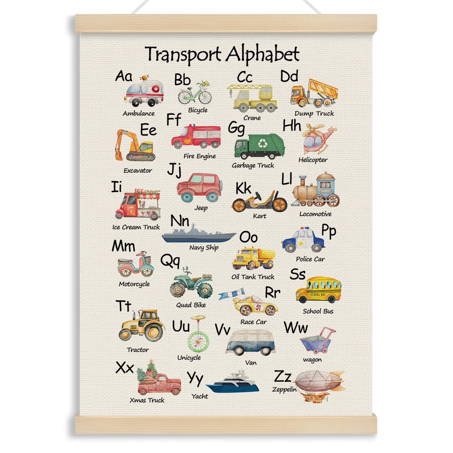 MOTERMATE Transport Abc Alphabet Wall Art Poster Chart, Playroom Decor, Learning Educational Canvas Poster Hanger Frame for Toddlers Classroom, Alphabet Car Themed Wall Hanging Banner Decor, 12x16Inch