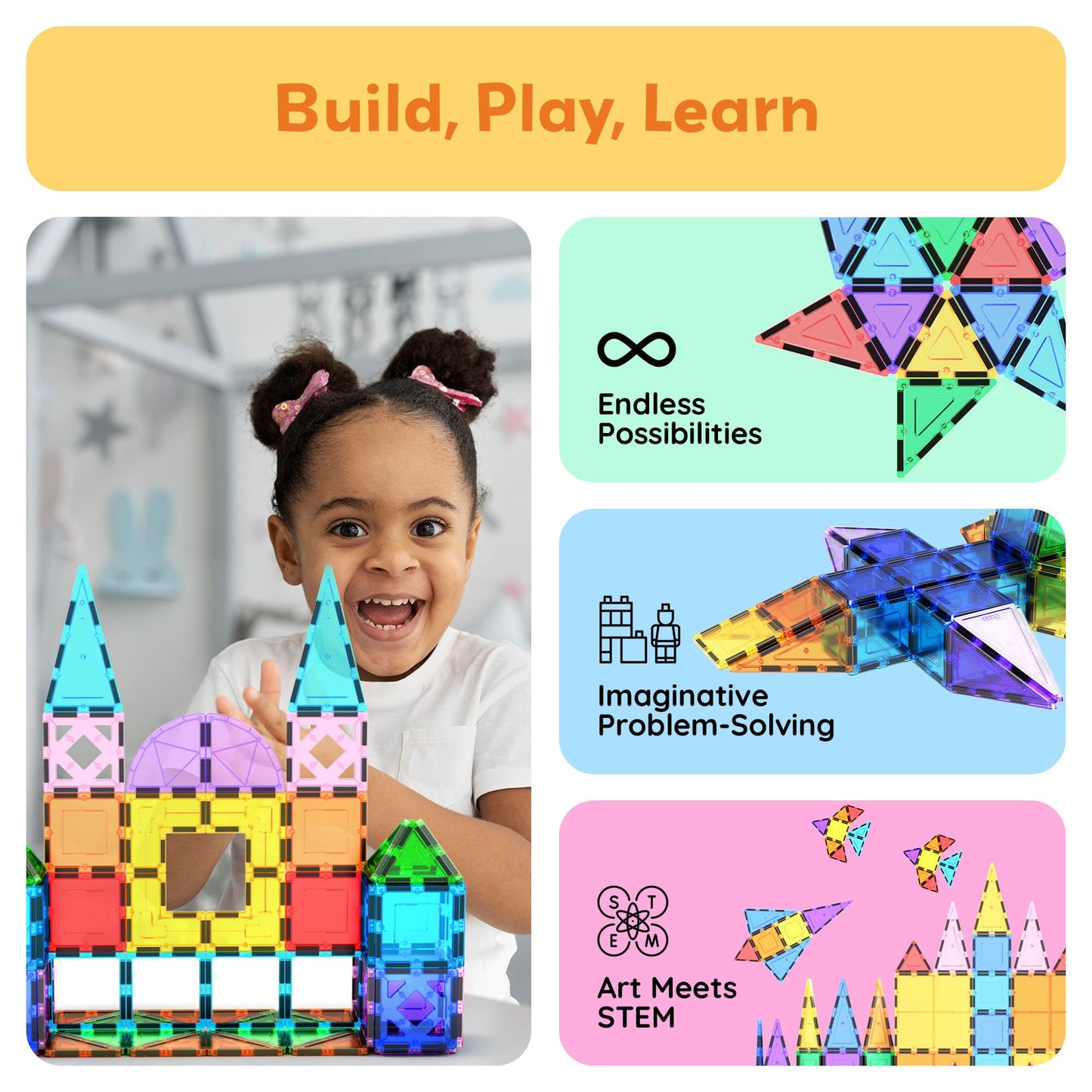 PicassoTiles Magnetic Tiles 152pcs Mirror Theme Magnet Tile Building Blocks STEM Sensory Toys with Car for Kids Toddlers Boys Girls Age 3+ Educational Learning Construction Play Set PT152