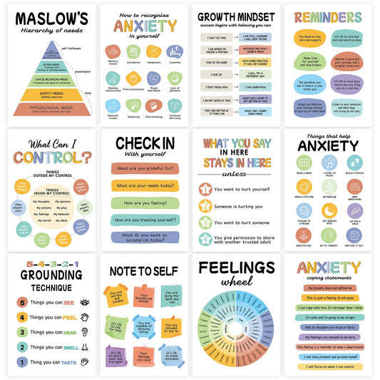 12Pcs Mental Health Posters, Therapy Office Decor, Counseling Office Must Haves School Counselor Supplies, Mental Health Wall Art Decor Home Office Classroom Inspirational Positive Poster (10"x14")