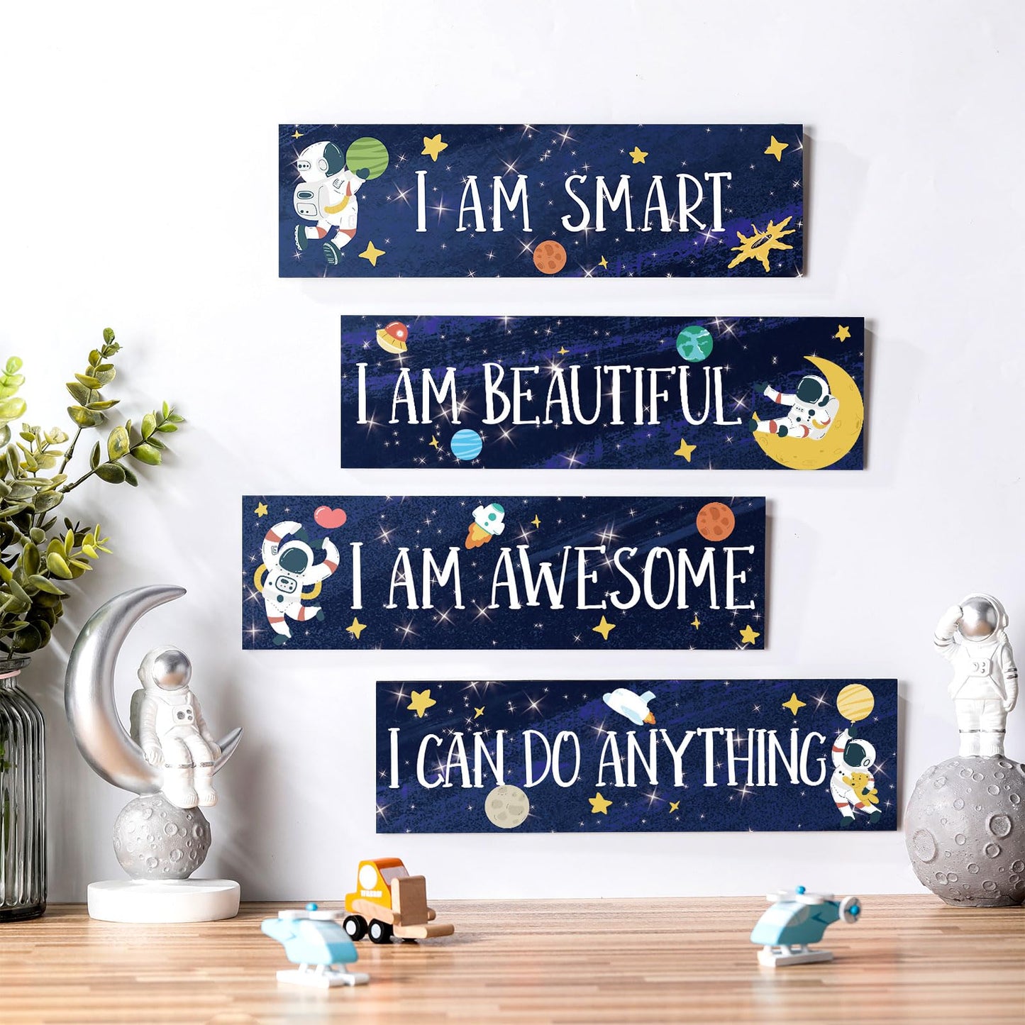 Yookeer 4 Pcs Space Room Decor for Kids Boys Outer Space Wall Art Bedroom Decor for Nursery Classroom Astronaut Galaxy Posters Spaceman Wood Sign Be Brave and Be Kind for Baby Boy(I)