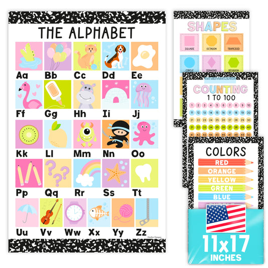 Hadley Designs Educational ABC Posters for Classroom Wall Decor - Preschool Learning Posters for Toddlers 1-3, Shapes Color 1-100 Number Chart & Alphabet Poster, Daycare Playroom Homeschool Essentials