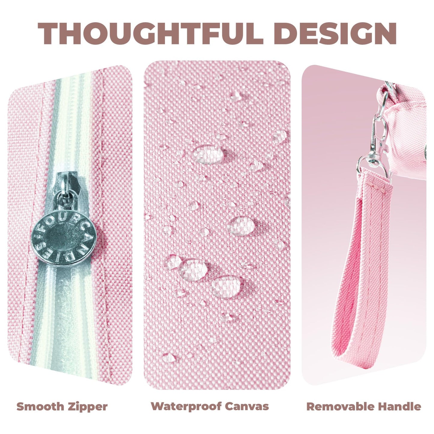 Four Candies Pink Pencil Case 3 Compartment, Large Pencil Pouch with Removable Handle & Zipper, Cute Stationery Organizer Big Pencil Case for Markers, Pencil Bag for Office College, Pink