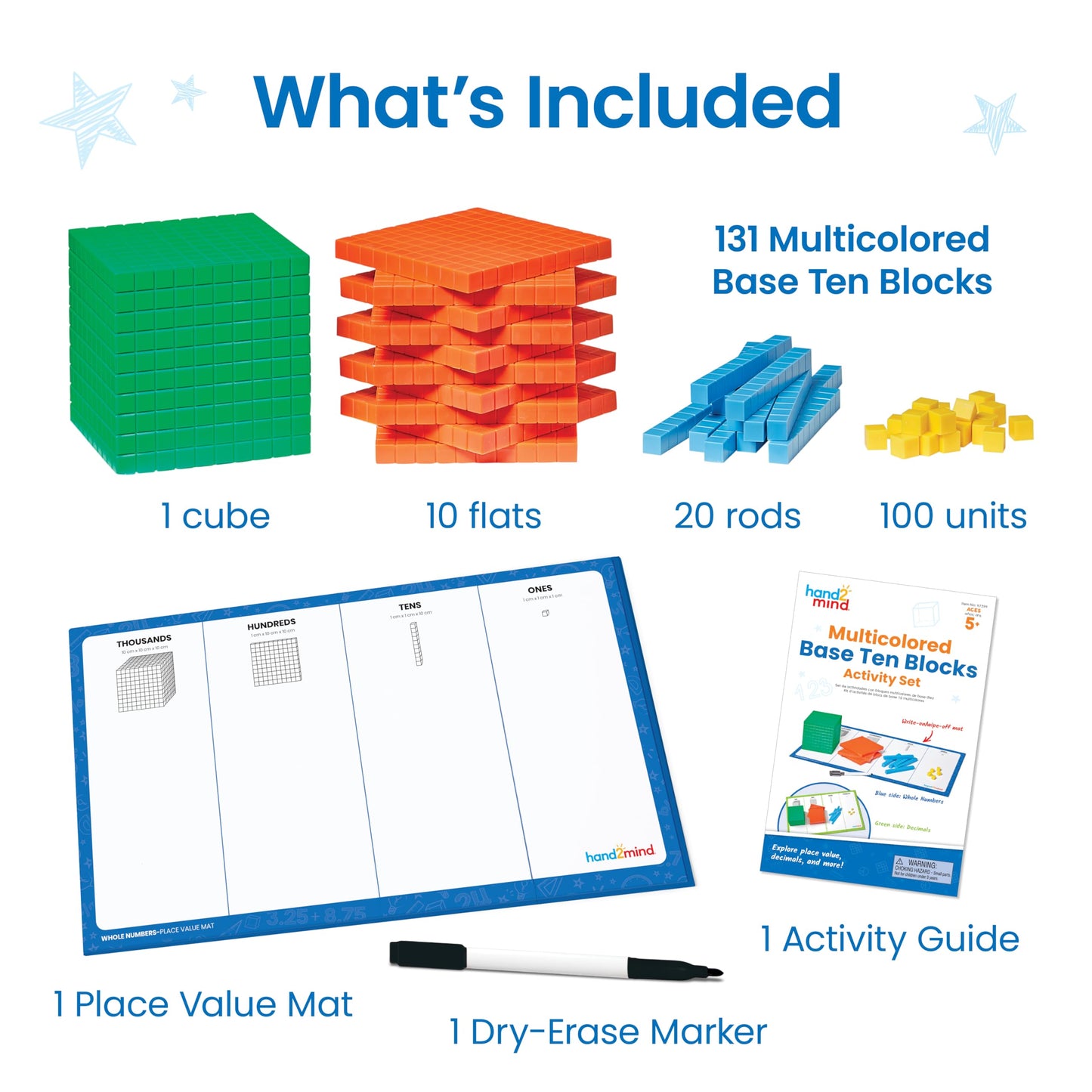hand2mind Multicolored Base Ten Blocks Activity Set, Place Value Manipulatives, Base 10 Blocks for Math, Counting Cubes, Math Manipulatives 1st Grade, Small Group Classroom Must Haves (133 Pieces)
