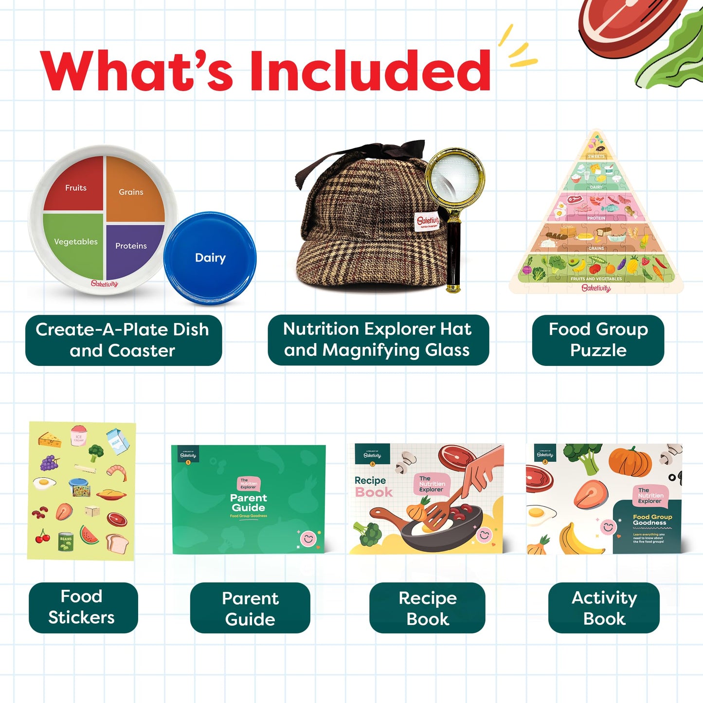 Baketivity Nutrition Explorer Kit – STEM Learning for Kids with Detective Costume, Food Chart Puzzle, Portion Plate, Stickers & Recipe Book