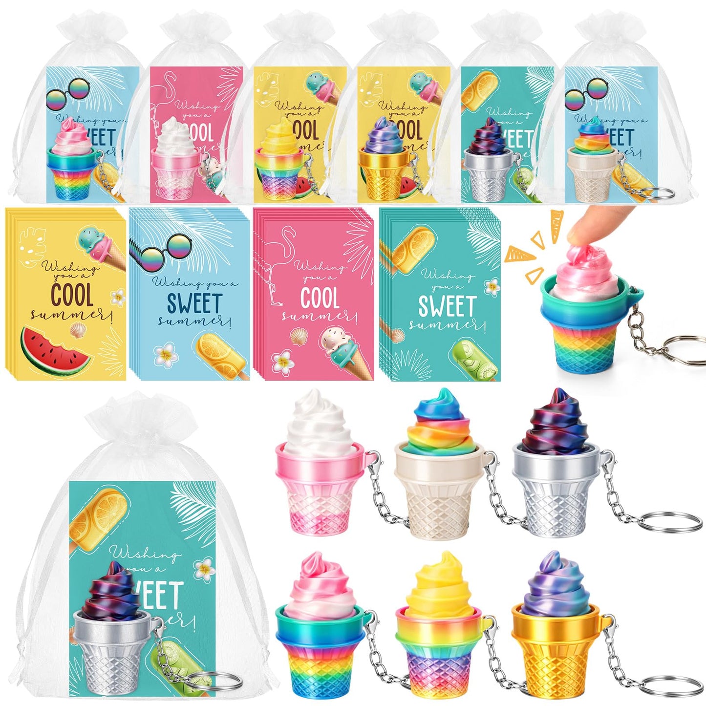 Junkin 24 Sets Ice Cream 3D Clicker Fidget Keychain with Inspirational Cards – Stress Relief Party Favors Bulk Graduation Gifts for Adults Graduates Coworkers Summer Ice Cream Party Favors