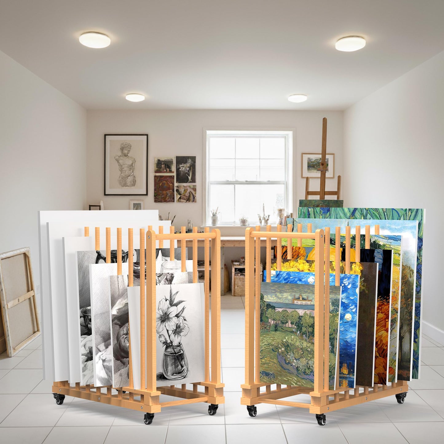 Tredre Art Storage Rack with Double-Handles & Wheels, Beech Wooden Canvas Storage Stand, Art Drying Rack with Quick-Insert Rods for Drawing Board, Panel, Paper Pad for Art Studios, Artworks, Gallery