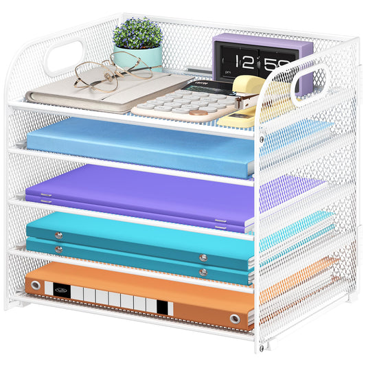 Cawukege 5 Tier Paper Organizer with Handle, White Metal Mesh Desk Organizer File Folder Paper Letter Tray Desktop Document Sorter for Classroom, School, Office Accessories Organization and Storage