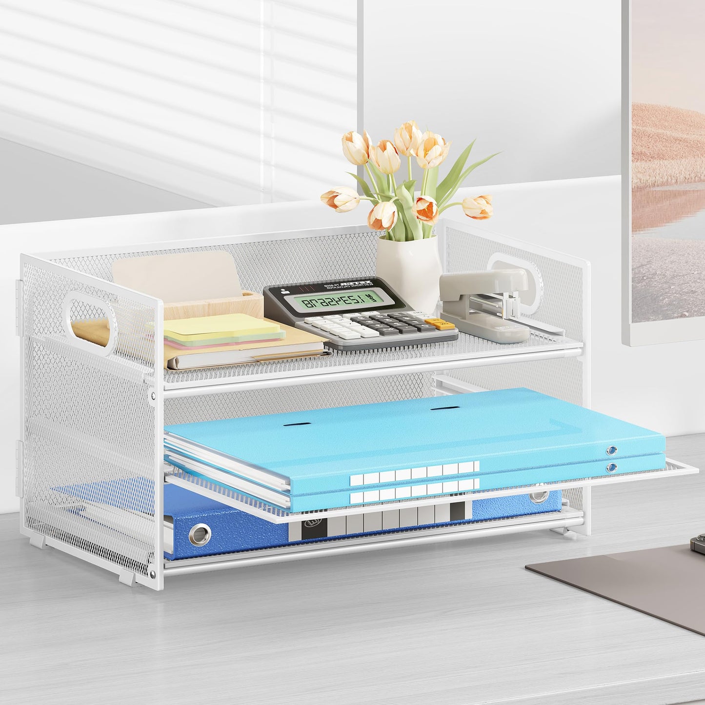 Subekyu 3 Tier Letter Tray Paper Organizer with Handle, 1 PC Sliding Tray, White Metal Mesh Desk File Folder Paper Sorter Organizer for Home Office School Desk Supplies Organization Storage