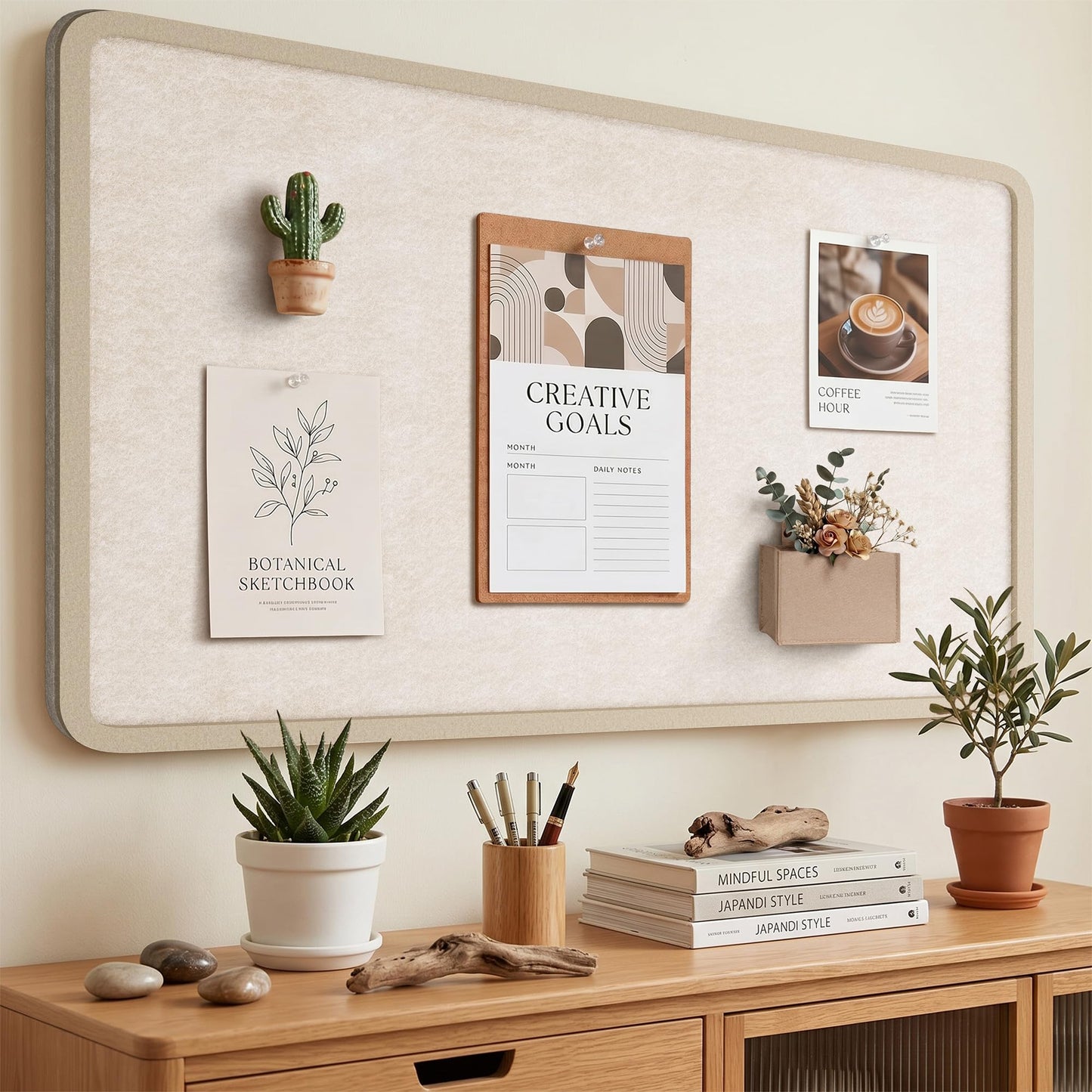 KERRAM Bulletin Board, 48 x 36 inches Decorative Felt Board Foldable Photo Board Pin Boards, Cork Board Alternative for Walls, Office, Home, Classroom with Pushpins ＆ Small Storage Bag, Beige