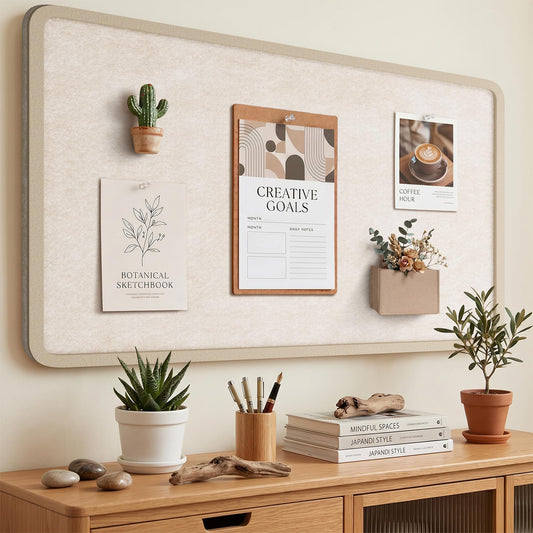 KERRAM Bulletin Board, 48 x 36 inches Decorative Felt Board Foldable Photo Board Pin Boards, Cork Board Alternative for Walls, Office, Home, Classroom with Pushpins ＆ Small Storage Bag, Beige
