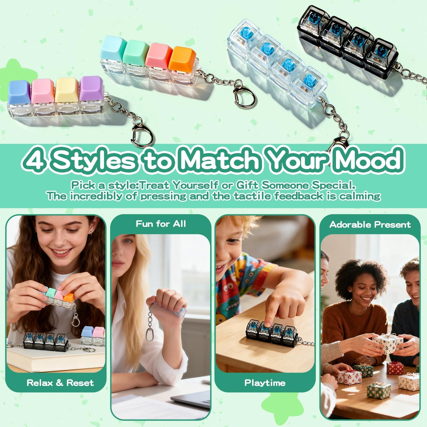 4-Pack Keyboard Fidget Toy,4-in-1 Clicky Stress Relief Fidget Keychain Set with 4 Unique Styles,Quiet Tactile Feedback Button Finger Clicker for Adults to Focus & Calm Anxiety Office Travel, Gift Box