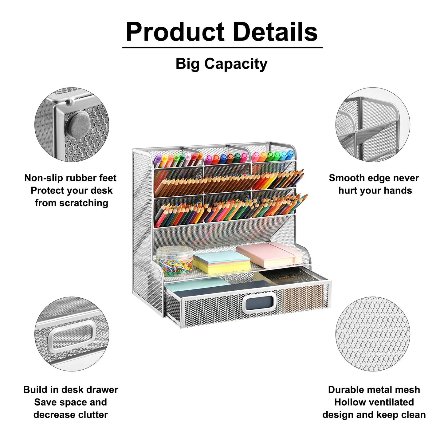 Marbrasse Larger Mesh Desk Organizer with Drawer, Multi-Functional Pen Pencil Holder, Desk Organizers and Accessories for Office Art Supplies (Silver Mesh Pen Holder with Drawer)