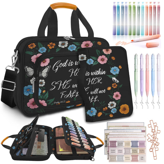 Butterfly Floral Bible Cover Case for Women,Large Boho Church Bag,Bible Bags for Women Organizer,Bible Study Supplies Journaling Kit Book Carrying Case with Bible Highlighters Shoulder Strap