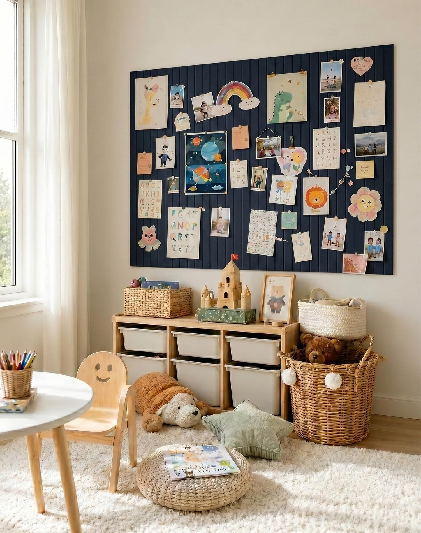Aothia 12-Pack Felt Bulletin Board Tiles 48"x36", Modular Pin Board for Smooth Walls, Cork Board Alternative for Notes & Photos, 0.35" Thick, 70 Adhesive Tabs & 40 Pins, Navy Blue