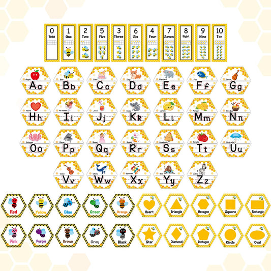 Bee Themed Alphabet Number for Classroom Wall Honeycomb Bulletin Board Manuscript Educational Cards ABC Letters Numbers Shapes Colors Poster for Preschool Elementary Early Learning Decor