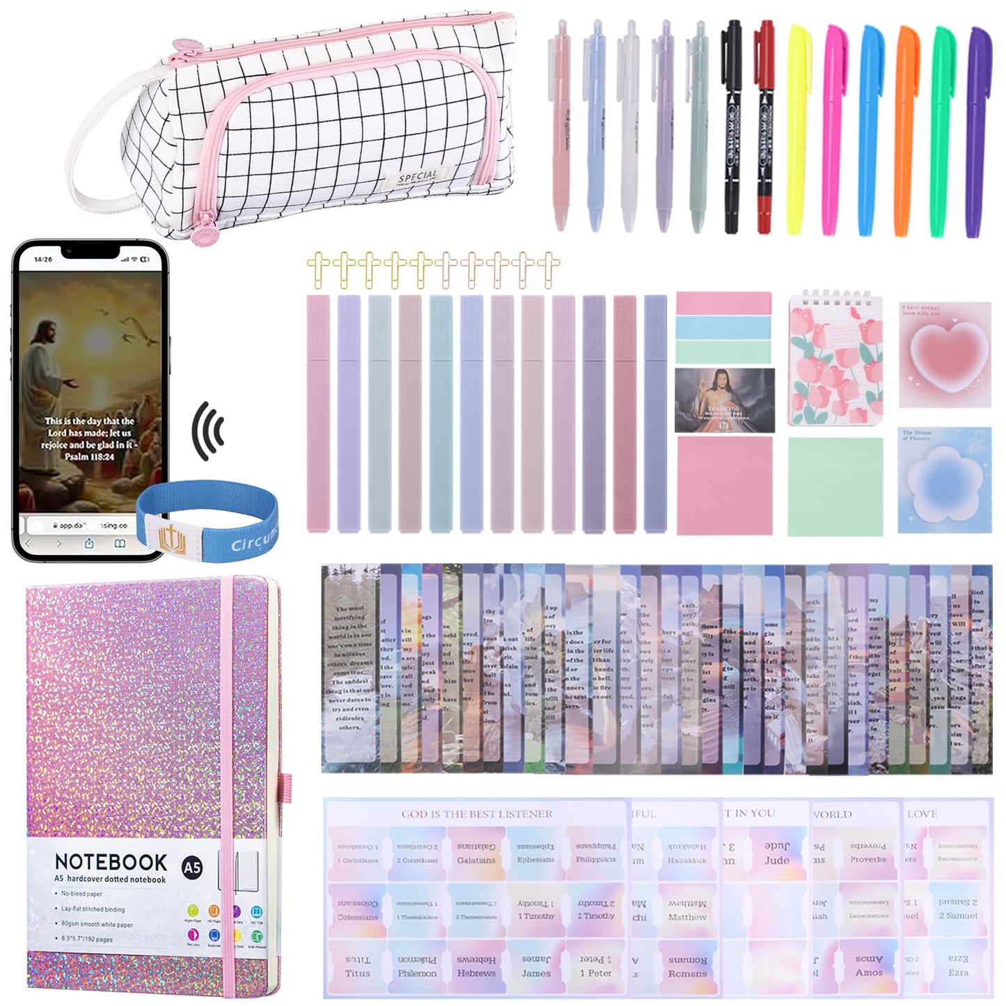 Bible Study Supplies with Daily Bible Verse Bracelets,Bible Journaling Kit for Women with Tabs Notebook and Pen Case Bible Bookmarks highlighters.Bible Tools for Students Beginner, Mom Day Gifts