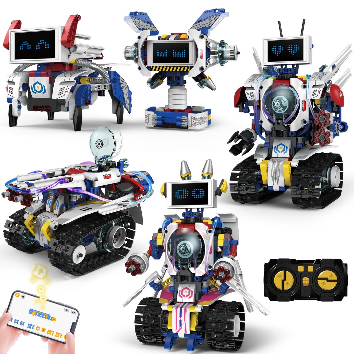 HPROMOT 5-in-1 STEM Robot Building Kit for Kids Ages 6-16, Remote & App Controlled, Rechargeable Engineering Learning DIY Coding Toy, Educational Building Blocks Gift for Girls & Boys (603 PCS)