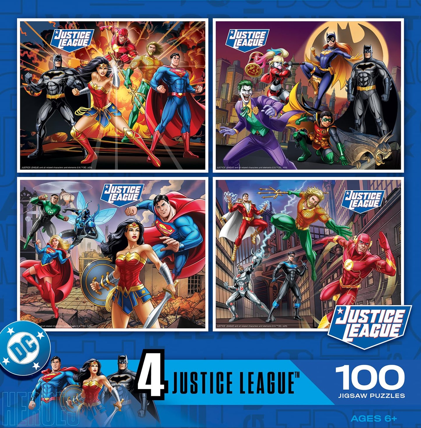 MasterPieces Puzzle Set - 4-Pack 100 Piece Jigsaw Puzzle for Kids - Justice League 4-Pack - 8"x10"