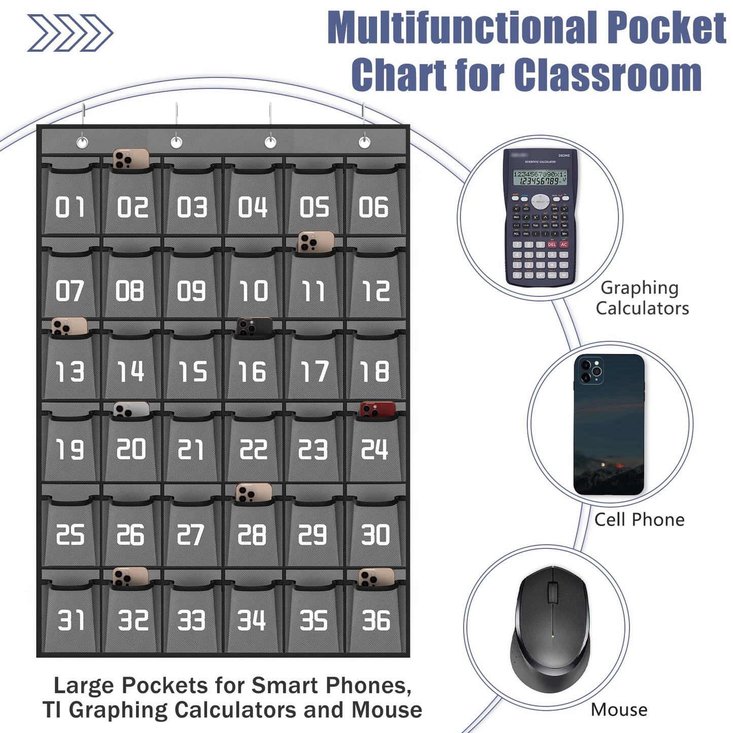 Loghot Classroom Accessories Closet Pocket Chart for Cell Phones Holder Wall Door Hanging Organizer (36 Pockets Gray)