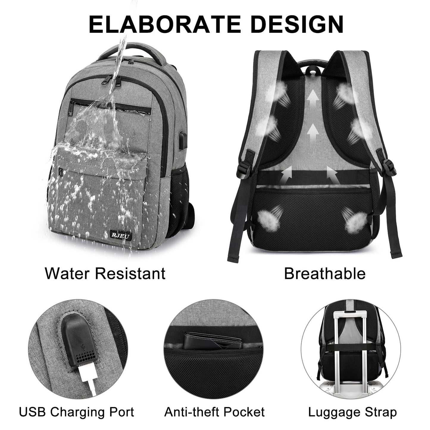 RJEU School Backpack for Teen Boys & Girls Students, 15.6 Inch Laptop Backpack with USB Charging Port - College Business Travel Bookbag, Grey