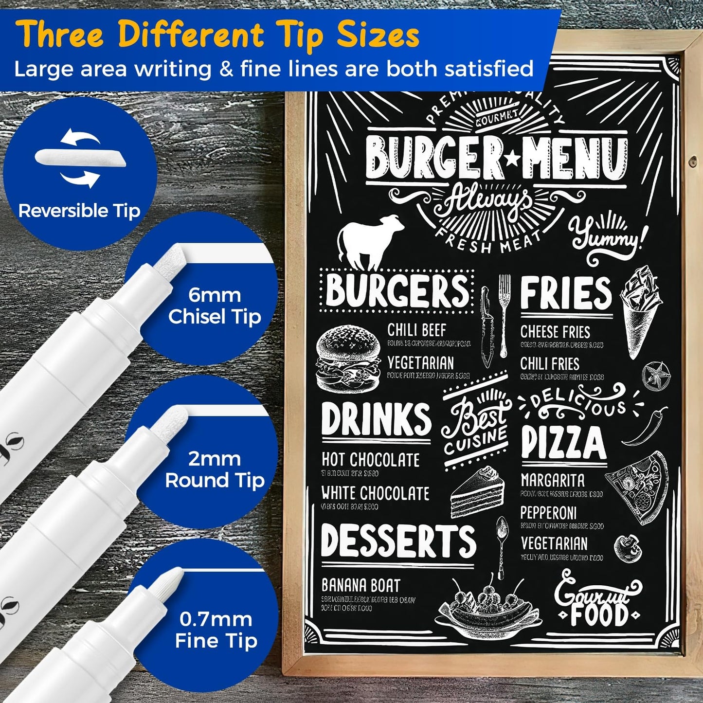 SFAIH White Liquid Chalk Markers for Blackboard, Glass - [Wet Wipe No Residue] 8 Pack- (4x) 2mm/4mm Reversible & (4x) 0.7mm Fine Tip, Ultra Flow Triple-Tips - Menu, Bistro, Signs, Windows, Food Labels