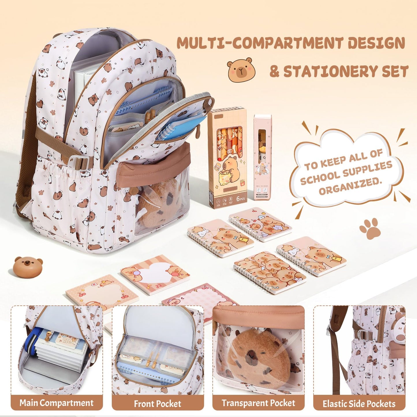 Similove Capybara Theme Backpack for School Girls, 35PCS Kids Backpack Set with School Supplies Stationery Kit Lunch Box Pencil Case, Cute Girls Bookbag for Kindergarten Elementary Student