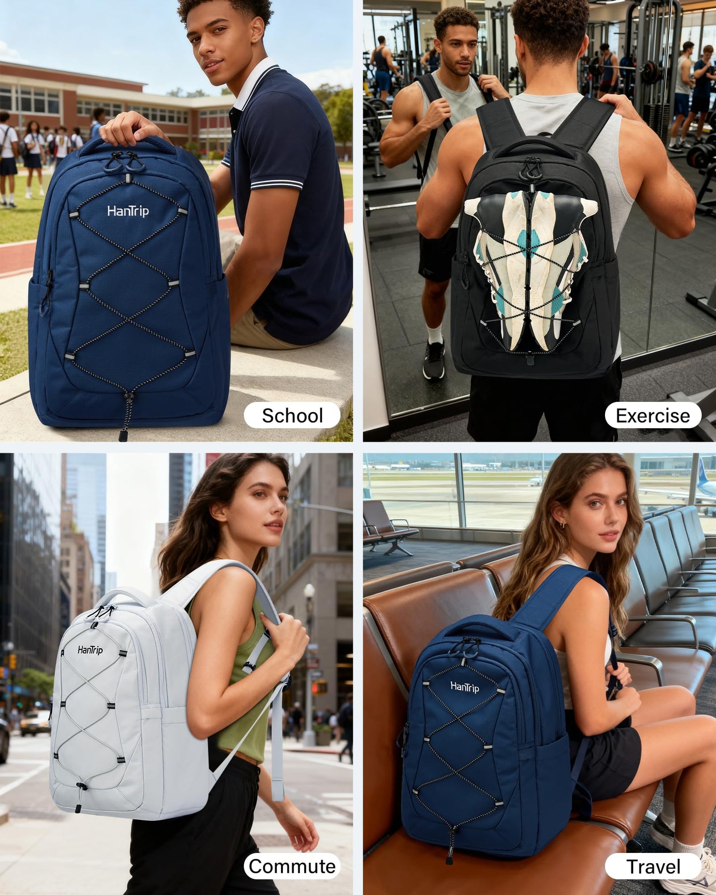 HanTrip Travel Laptop Backpacks for Women Men, Large Work Backpack for Commuter College School Book Bags, Reflective Water Resistant Backpack with Luggage Strap Bottle Pocket Chest Strap, Navy Blue
