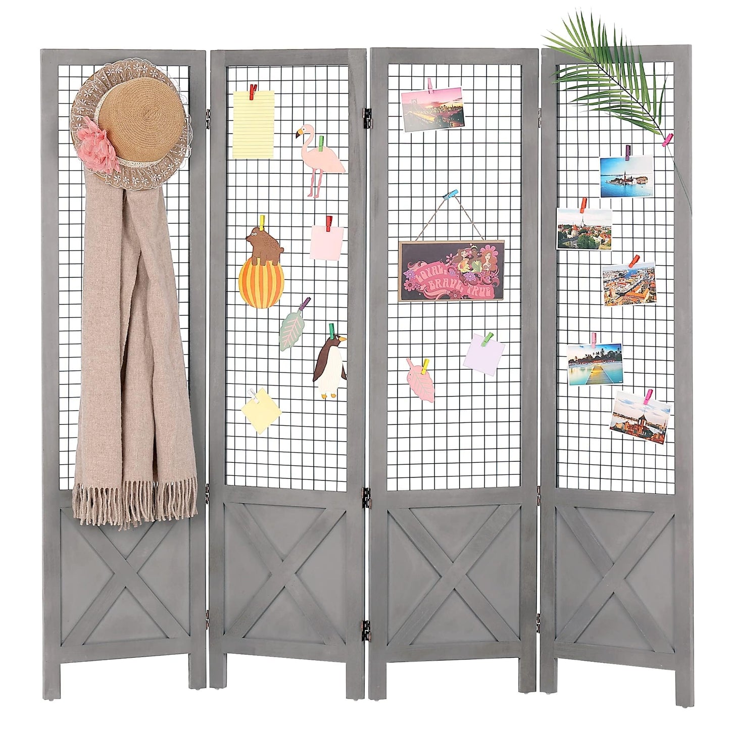 Wnutrees 4 Panel Gridwall Display, Portable Freestanding Display Board for Craft/Art Shows, Retail, Events, Decorative Wood Room Divider Folding Screens, Grey