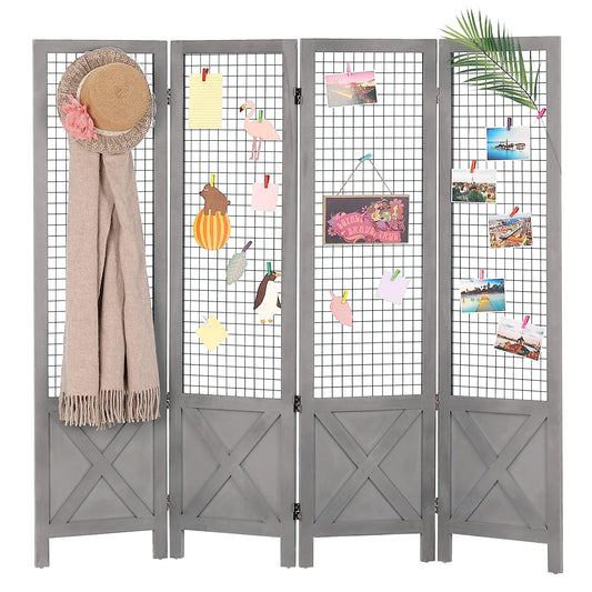 Wnutrees 4 Panel Gridwall Display, Portable Freestanding Display Board for Craft/Art Shows, Retail, Events, Decorative Wood Room Divider Folding Screens, Grey